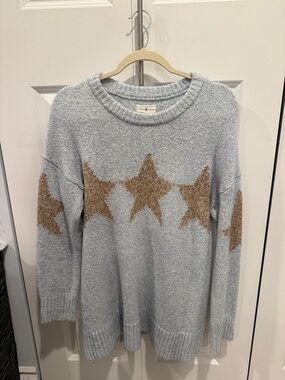 Lou & Grey Light Blue Crewneck Sweater with Brown Star Motif